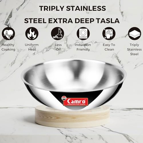 Image of Camro Triply Artisian Tasla with Lid (5.8 Liters, 30 Cm) with Steel Lid | Stainless Steel Induction Friendly | 3-Layer Body, Dishwasher Safe | 15+Years of Innovation and Quality