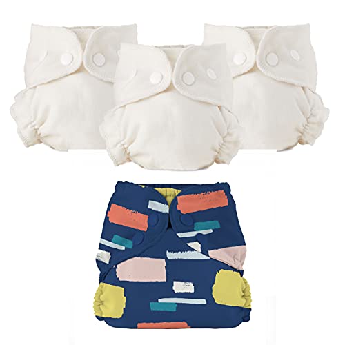 Esembly Cloth Diaper Bundle Set, 3 Organic Absorbent Inners and 1 Waterproof Diaper Cover, Blowout-Proof Reusable Washable Diapers with Snap Closure, Size 1 (7-17lbs), Brushstroke
