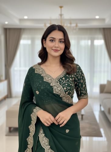 Image of Yashika Women Vichitra Silk Saree with Embroidered Border| Sarees Bollywood Sari | New Sarees | Saree Blouse| Designer Saree (AZ-YS-OG-LADYQUEEN-Parent)