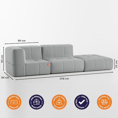 Sofá na Caixa modular 2 lugares em Boucle - 1 Braço com Chaise (Cinza)