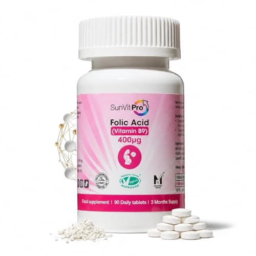 SunVit-Pro Folic Acid Tablets 400mcg Pregnancy Supplement for Women Supports Red Blood Cell Formation Health & B9 Vitamin Prenatal Vitamins Vegan & Gluten-Free 90 Count