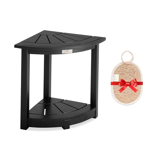 VICTORY RELAX Acacia Corner Shower Stool, Waterproof Spa Foot Rest & Bath Bench with Storage Shelf & Soap Dish, Ideal for Bathroom, Shaving Legs, or as Small Corner Table/Step Stool (Black)