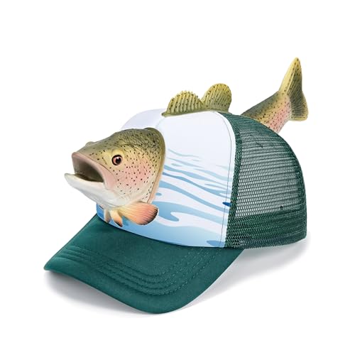 Image of Rainbow Trout Fishing Hat, Funny 3D Fish Trucker Cap, Novelty Mesh Snapback