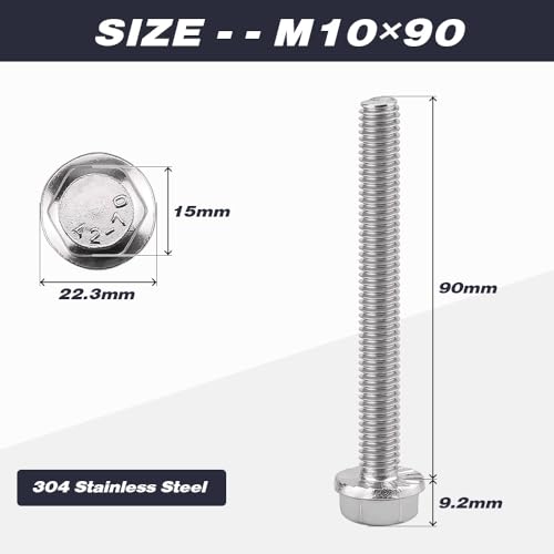Image of M10-1.5 x 90mm (6 pcs) Flanged Hex Bolts, 304 Stainless Steel 18 /8, Large Washer Head Automotive Screws for Car Parts & Machinery Replacement