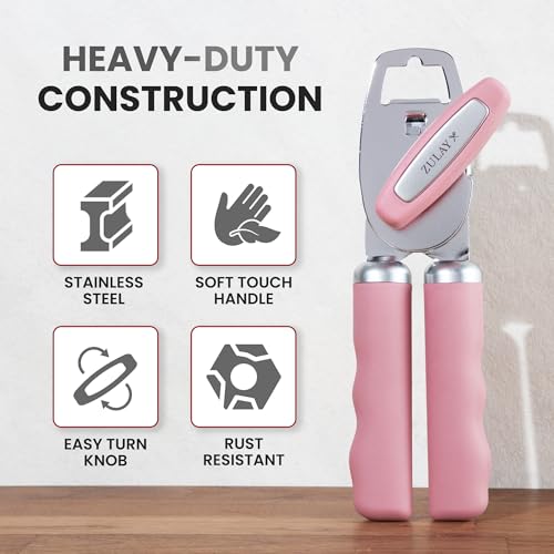 Image of Zulay Kitchen Manual Can Opener Heavy Duty Patented Stainless Steel, Pink