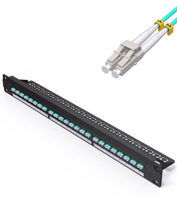 1U LC Fiber Patch Panel - 48 Fibers LC to LC Multimode Fiber Optic Patch Panel,Loaded LC UPC 24 Duplex Fiber Ports Couplers,MMF LGX Footprint Compatible 1 Pack 48 ports Aqua