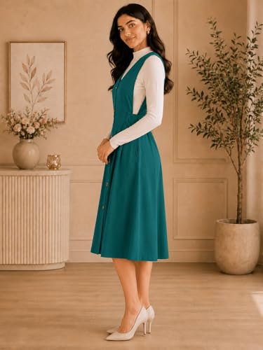 Image of WineRed Women Soild Pinafore Dress with Button