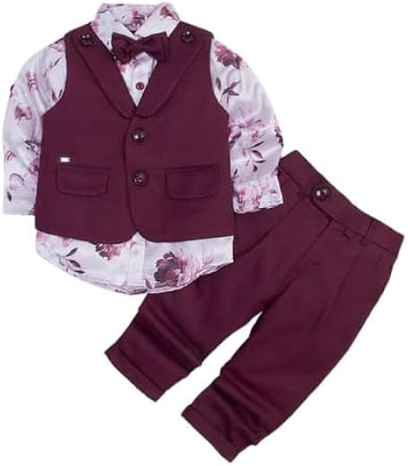 DFPS Boys 3-Piece Formal Cotton Set | Floral Shirt, Waistcoat, Trousers &amp; Bow Tie | Soft &amp; Stylish-VT-20