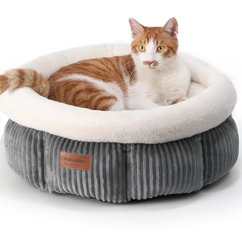 FUKUMARU Cat Bed, Corduroy Round Cat Beds for Indoor Cats, Washable Fluffy Pet Bed for Cats and Puppy, Soft Cute Small Dog Beds, Grey