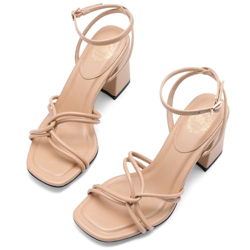 Image of Pasuot Strappy Heels for Women - Open Square Toe Chunky Heeled Sandals Block Heel Ankle Buckle Strap Dress Shoes for Prom Party Wedding Black White Nude
