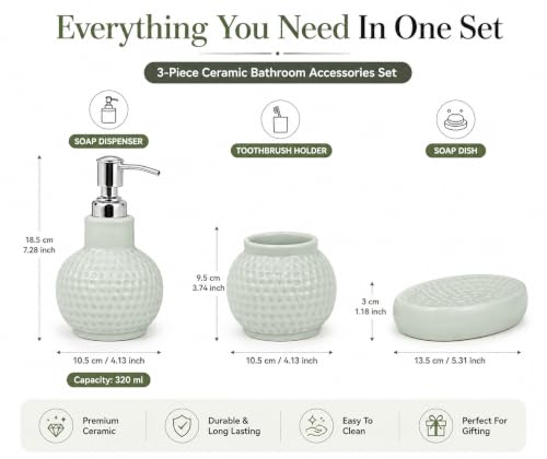 Image of Quace Ceramic Bathroom Accessories Set of 3, Soap Dispenser, Toothbrush Holder & Soap Dish, Modern Bathroom Decor Set for Wash Basin, Vanity Counter & Home Bathroom (Sage Green)