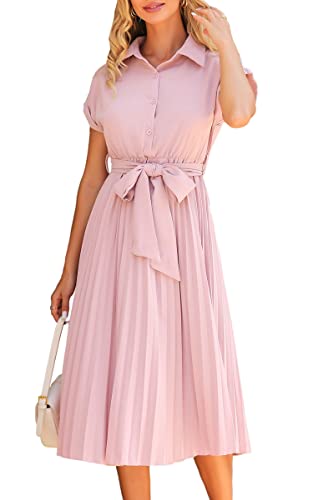 ECOWISH Womens Casual Pleated Midi Dresses Solid Short Sleeve Shirt Dress with Pockets for Spring Summer Light Pink S