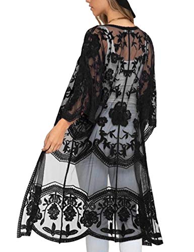 Romanstii Women's Lace Cardigan Floral Crochet Sheer Beach Cover Ups Long Kimono3