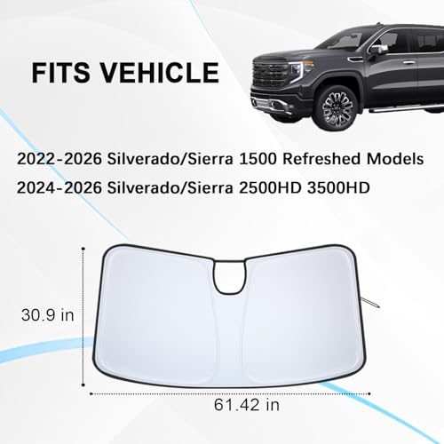 Image of Windshield Sun Shade for 2022-2026 Refreshed Chevy Silverado 1500 /GMC Sierra 1500, 2024-2026 Silverado /Sierra 2500HD 3500HD Front Windshiled Sun Visor UV Protection Foldable Sunshade