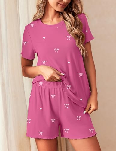 Image of Ekouaer 2 Packs Women Pajama Set Short Sleeve Sleepwear Soft Top and Shorts | Casual Pjs Outfits Ribbed Knit Lounge Set with Pockets