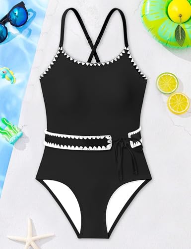 Image of Girls Swimsuit Ruffle Solid One Piece Bathing Suits 7-18 Years | Teen Bathing Suits for Girls Ruched Sleeveless Girls' Swimwear