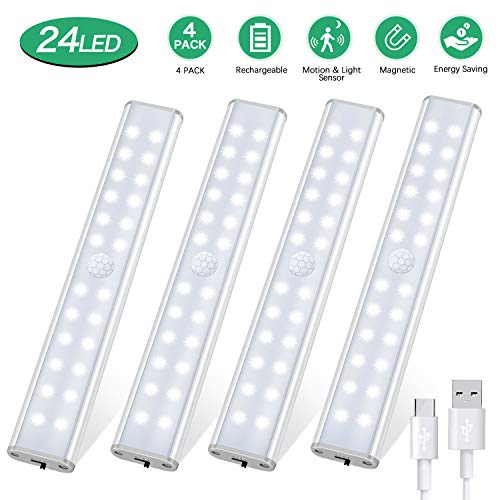 Luce led armadio, Tanbaby 24 LED Luce per Armadio Sensore Di Movimento Per Interni, Ricaricabile Sotto Il Gabinetto Cucina Armadio Leggero Stick Luce Notturna per Bar, Scale, Corridoio (4 Pezzi)