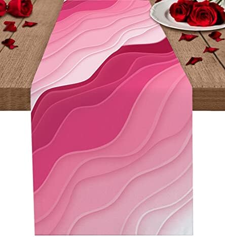 Spring Table Runner 70Inch Long Scarf Ombre Pink and White Dresser Scarves Cotton Linen Burlap Table Runners for Kitchen Dining Seasonal Holiday Party Mother's Day Decor Modern Abstract Wave Line