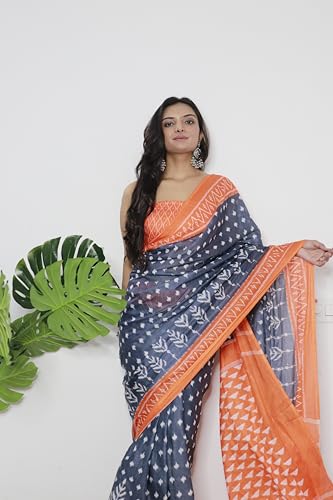 Image of RADHA LAKSHMI Pure Soft Cotton Ikkat Hand Print Women's Saree with Blouse Piece, Grey Dhumketu