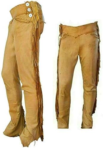 Men's Real Native American Handmade Cowboy Style Buck Skin Leather Chap Mountain Men Schwarz (as1, Waist, Numeric_36, Regular, Gold Pants)