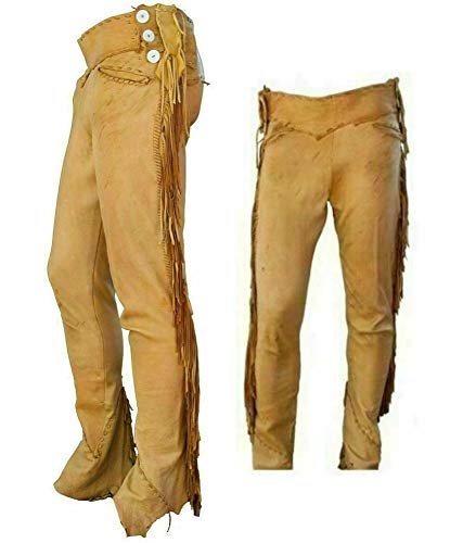Men's Traditional Cowboy Western Leather Pants Gold Braided with Side Fringe Native American Western Trouser Pant Buck Skin