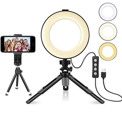 Luz de Anillo LED 6" fotográfica de Escritorio, 3 Colores 10 Brillos Regulables Control Remoto Bluetooth, Trípode con Soporte Giratorio de teléfono para Selfie, Maquillaje, Youtube, TIK Tok