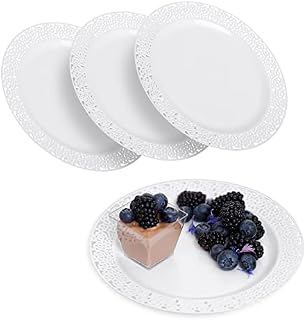 STACKABLES ~ Pack of 20 Hard Plastic Plates ~ White Round Lace Rim Plate ~ Multi-Purpose Reusable Party Plate Set (7.5" Plates)