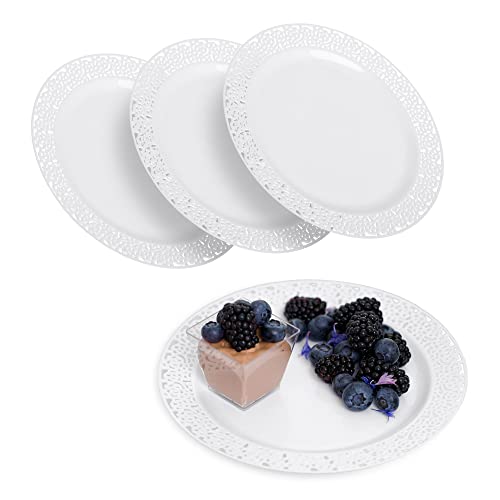 STACKABLES - Lot de 20 assiettes en plastique dur avec bordure ronde en dentelle blanche - Multifonctions et réutilisables - Assiettes de 19,1 cm