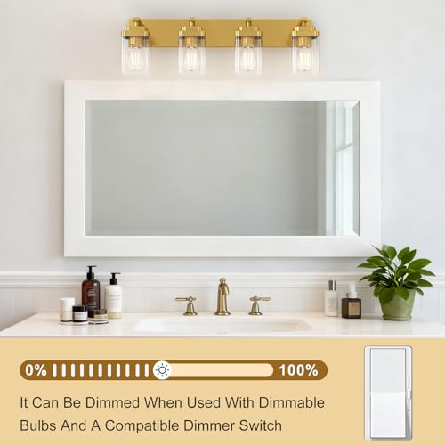 Image of Brushed Gold Bathroom Light Fixtures, 4 Lights Bathroom Lighting Fixtures Over Mirror, Square Design & Rectangle Large Backplate, Modern Vanity Lighting Fixtures, for Living Room /Bedroom