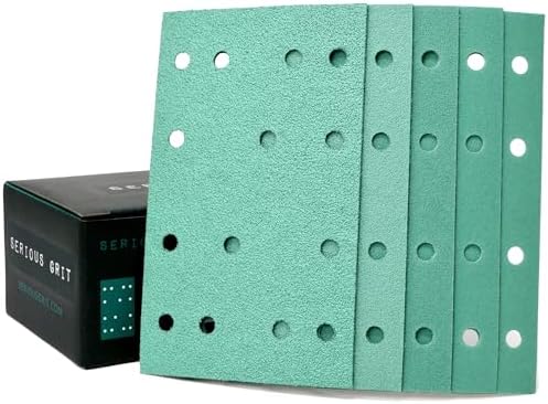 Serious Grit - 3" x 5" (80mm x 133mm) 14-Hole Sanding Sheet Assortment - 80, 120, 150, 180, 220 Grit (10 of Each) - Fits Festool RTS 400 & Mirka Deos 353 - Hook & Loop Sandpaper - 50 Pack Box