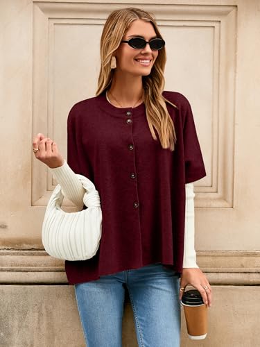 Simplee Womens Oversized Batwing Short Sleeve Cardigan Crewneck Button Down Knit Sweaters Pullover Fall Tops 20253