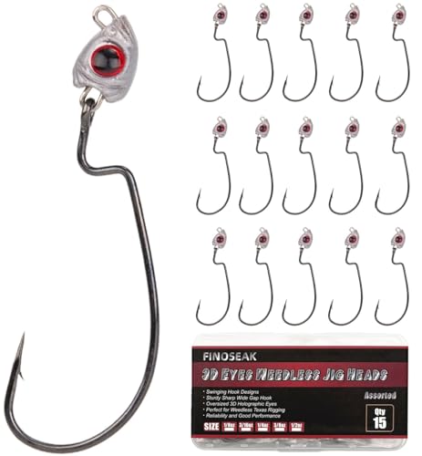 FINOSEAK Vivid Fish Eyes Swimbait Jig Heads for Fishing, 15Pcs Swing Bass Jigheads Lifelike Weedless Jig Heads for Ned Rig or Texas Rig 1/8 3/16 1/4 3/8 1/2oz (Size Assorted, 15Pcs)