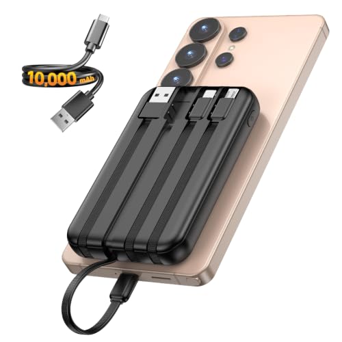 10000mAh Power Bank with 4 Built-in Cables, Fast Charging Portable Charger, All-in-One Battery Pack with USB-C, Lightning and Micro USB Cables for Smartphones, Compact Travel Charger-Smoky