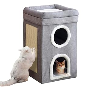 3-Level Cat House for Indoor, Covered Cat Condo with Scratch Pad and Hideaway Cave, Cat Bed &Furniture for Multi Pets and Large Cats, 15.3 * 15.3 * 26 inches,Grey