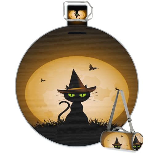 Shimoshe Halloween Night Cat Picnic Outdoor Blanket Foldable Waterproof Sandproof Beach Blanket Portable Water-Resistant Round Picnic Mat for Travel Camping Park Lawn