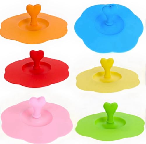 6pcs Silicone Cup Covers,Colorful 4inch Flower Shape Cup Lids With Heart-Shaped Spoon Holder Universal Mug Covers Flexible Drink Cup Cover for Hot and Cold Coffee Tea Cup Outdoor Indoor (6pcs)