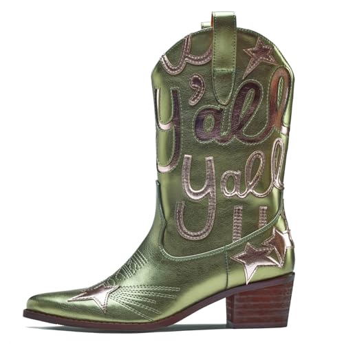 Metallic Cowboy boots for Women Embroidered Mid Calf Womens Cowgirl Boots Western Pointed Toe Chunky Heel3