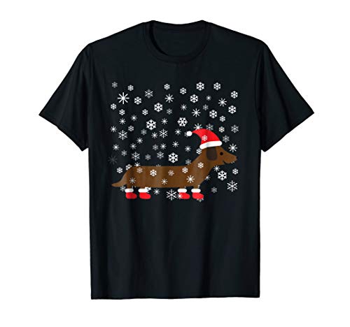Dachshund Christmas T-Shirt | Doxie with Santa Hat & Snow
