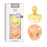 BIBS De Lux Speen verpakking van 2 stuks. BPA-vrij, Ronde speen. Natuurlijk rubberlatex, Maat 1 (0-6 maanden), Sunshine/Peach Sunset