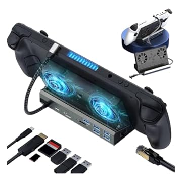 Base Dock Station Suporte 10 Em 1 Para Console Game Steam Deck Rog Ally Com Cooler Duplo e Led USB-C RJ45 Gigabit HDMI 60Hz