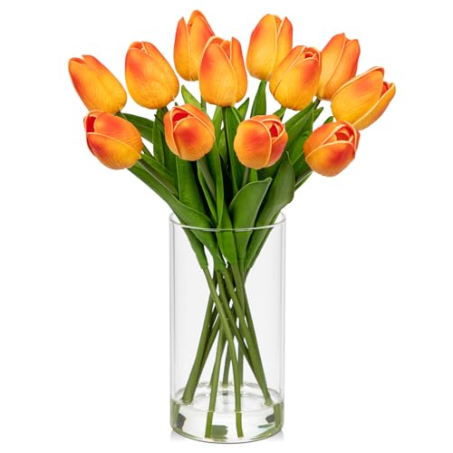 DILATATA 12 Pcs Artificial Real Touch Orange Tulips in Glass Vase with Faux Water, Small Tulip Arrangement for Wedding, Table Centerpieces, Home Decor