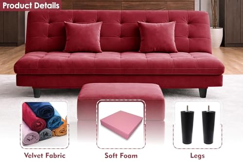 Image of Rosebell Modern Three-Seater Sofa Cum Bed Foldable Velevt Fabric Sofa, Foam Seating, Stylish Design for Living Room, Guest Room & Office - Red Color