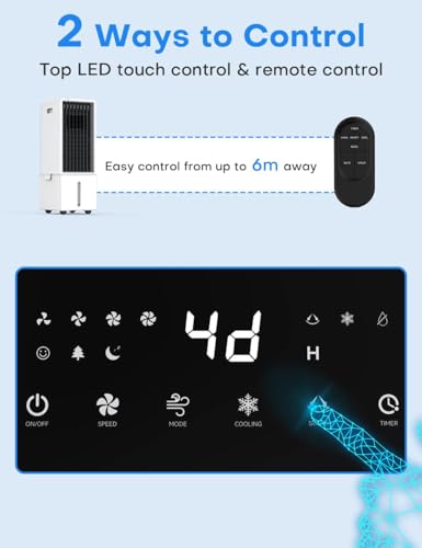 Image of HIFRESH Air Cooler for Room Cooling, 31Ft Air Throw, 4 Modes & 4 Speeds, Remote & Touch, 12H Timer, 12L Tank for 24H Cooling, Waterless Alert, 2 Ice Packs, Low Power Consumption Tower Cooler for Home