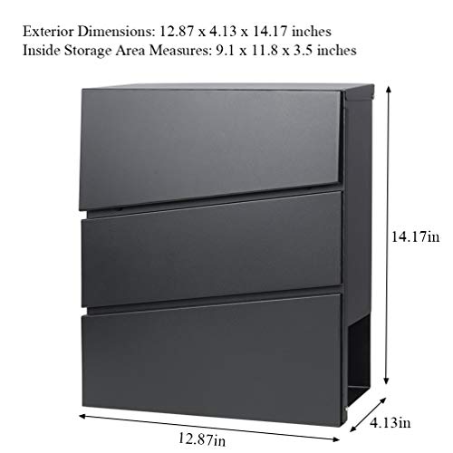 Image of Jssmst Locking Mailbox Wall Mount- Waterproof mailboxes with Secure Key Lock and Newspaper Compartment, Key Lock Drop Box Extra Large Capacity, 12.9 x 4.1 x 14.2 Inch, Black, SM-HPB932