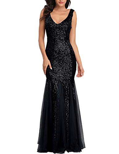 Womens wedding sequin dresses v-neck mermaid maxi dress sleeveles…