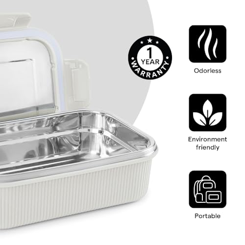 Image of Larah by BOROSIL Freshbyte Food Storage Container with Airtight Stainless Steel Lid | Fridge Container for Lunchbox | Food Grade | Microwave Safe (Grey, 800 ml, Rectangular)