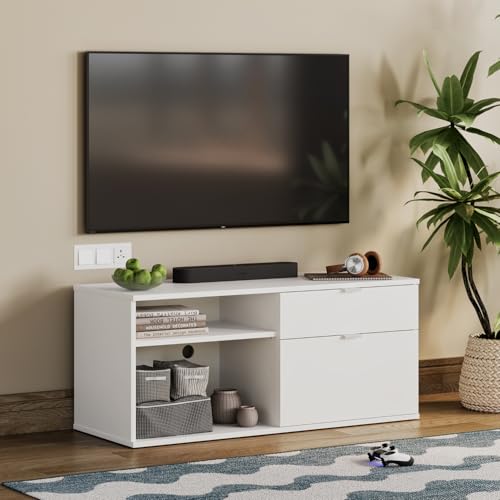 Image of Wakefit TV Unit | 1 Year Warranty | TV Stand Table, TV Unit for Living Room, TV Cabinet, Cabinet Engineered Wood Cabinet with 2 Drawers & 2 Shelves (Serendipity, Frosty White)