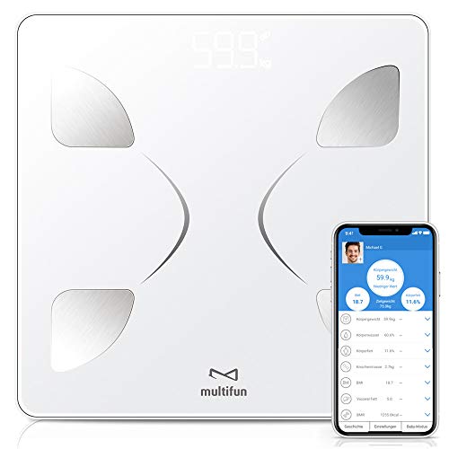 Multifun - Báscula digital para grasa corporal, Bluetooth, con aplicación, modo de bebé con grasa corporal, báscula de análisis corporal, para iOS y Android, máx. 180 kg