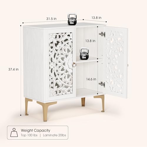 Image of Accent Cabinet with Doors, Decorative Sideboard Buffet Cabinet with Adjustable Shelf, Carved Buffet Table with Gold Legs for Living Room, Entryway, Kitchen, Hallway, White