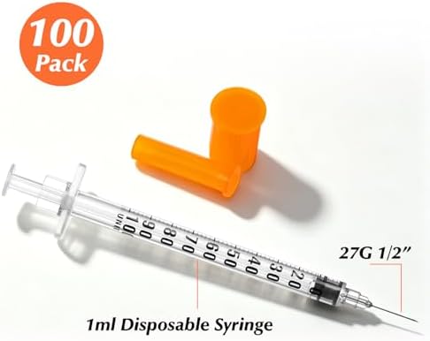 100팩 1ml/cc 27G 1.3cm(1/2인치) 주사기, 개별 포장 — 사진 2
